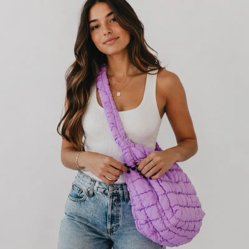 Pretty Simple Carmen Quilted Hobo Tote Bag Lilac High Quality