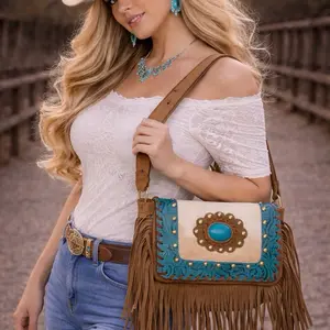 Turquoise Concho Cowhide Fringe Crossbody Bag