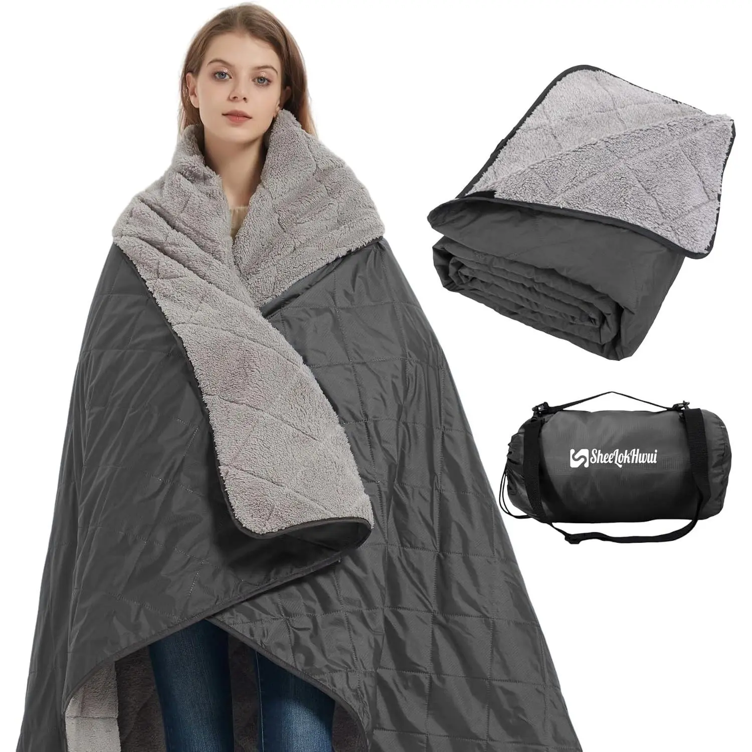 Oversized Sherpa Fleece Blanket 82x56 in - Waterproof, Warm, Soft, Portable, Indoor/Outdoor Use with Snap-to-Poncho Function, Ideal for Cold Weather Stadium & Camping, Dark Gray, Roll-Up Pack, Snaps-To-Poncho