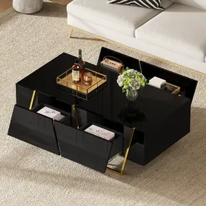 High Gloss Coffee Table Modern Rectangular Center Table for Living Room with Storage and Gold Base, 4 drawers, Black, 47.2"