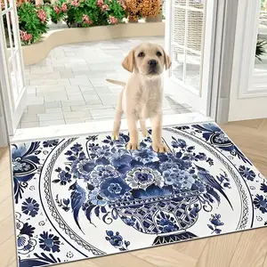 One piece blue floral pattern doorway floor mat on white background - non-slip, soft, easy-to-clean polyester carpet for Home Entrance, Kitchen, Living Room, Bathroom, Bedroom - Rectangle, Kitchen Entrance Mat, Welcome Mat