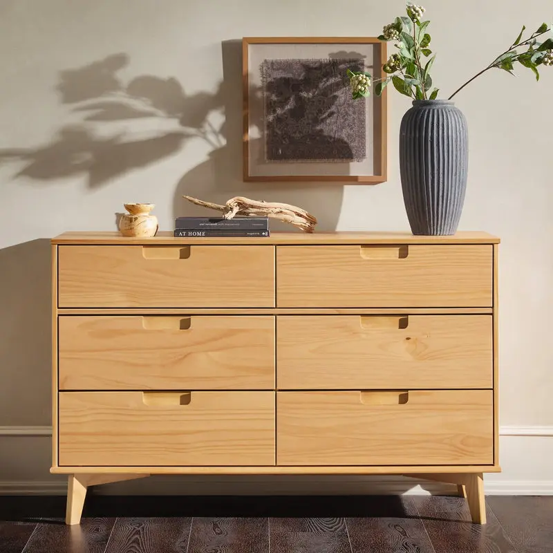 Walker Edison BR3DSLDRNP-T 3-Drawer Groove Handle Solid Pine Dresser - Stained Natural Finish, Bedroom/Guest Room Storage, Sustainable Chest with Cutouts, Wall Anchor, Modern Organizer System, 74.4 lbs, Assembly Required