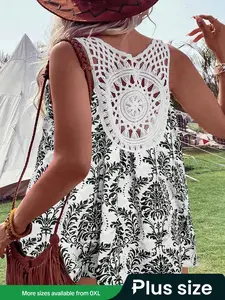 【Plus Size】 Boho Vintage Floral Print Lace Trim Knit Top, Backless Halter Cami, Casual Sleeveless Round Neck Knitwear for Daily Wear, Women Plus Clothing for All Seasons
