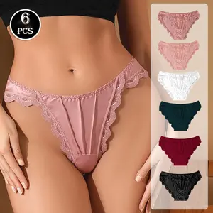 6 Pack Vintage Satin Panties Breathable Underwear Women French Sexy Lace Lingerie Female Mid-waist Thin Mesh Briefs