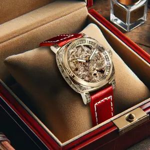 Luxury Gold Men's Skeleton Automatic Mechanical Watch Carved Fashion Red Leather Strap Waterproof Watch