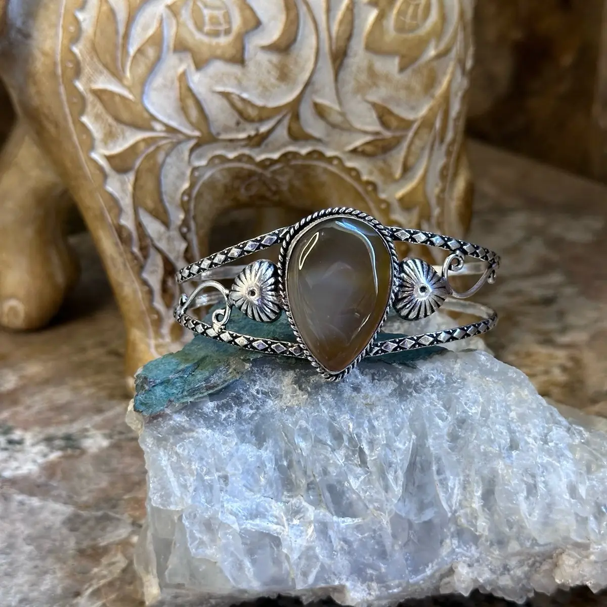 Silver Brown Botswana Agate Stone Cuff Bracelet