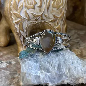 Silver Brown Botswana Agate Stone Cuff Bracelet