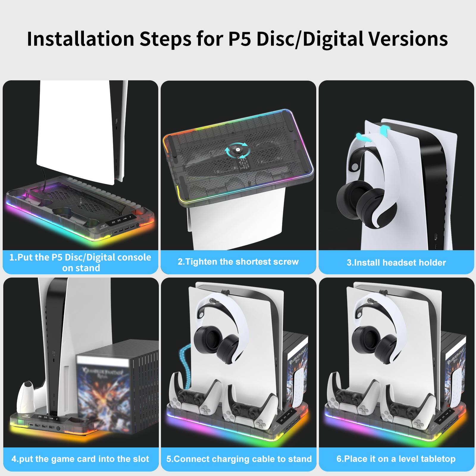 DIgit hub P58 Charging Base Cooling Bracket Compatible With PS5 Console, Vertical Stand Cooling Fan, Multi-functional Cooling & Charging Station for PS5 Slim Pro All Model Universal Gaming Pad Stomp Pad