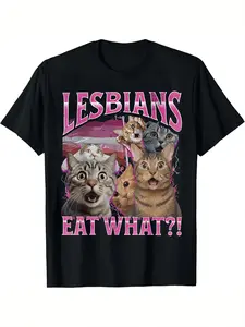Men'S Funny "What Do Lesbians Eat?" Tabby Cat Graphic T-Shirt - Bold Pink Lettering & 4 Tabby Cat Print, Unisex Casual Crew Neck Long Tee, Top, All-Season Comfort Round Neck, Animal Graphic Tee