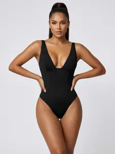 Women's Shapewear Bodysuit, Simple Solid Color Deep V Neck Sleeveless Seamless Jumpsuit with Steel Support, One Piece Tank Top Style