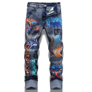 Graffiti Distressed Washed And Distressed Jeans Men Jeans Para Hombre Straight-Leg Wide-Leg Stretch All-Season Streetwear Y2K Vintage Wash