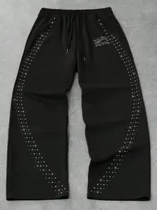1pc Men's Y2K Streetwear Track Pants Shiny Arc Rhinestone Detail Star Graphic Print Wide Leg Loose Fit Trendy Urban Fashion Baggy Trousers
