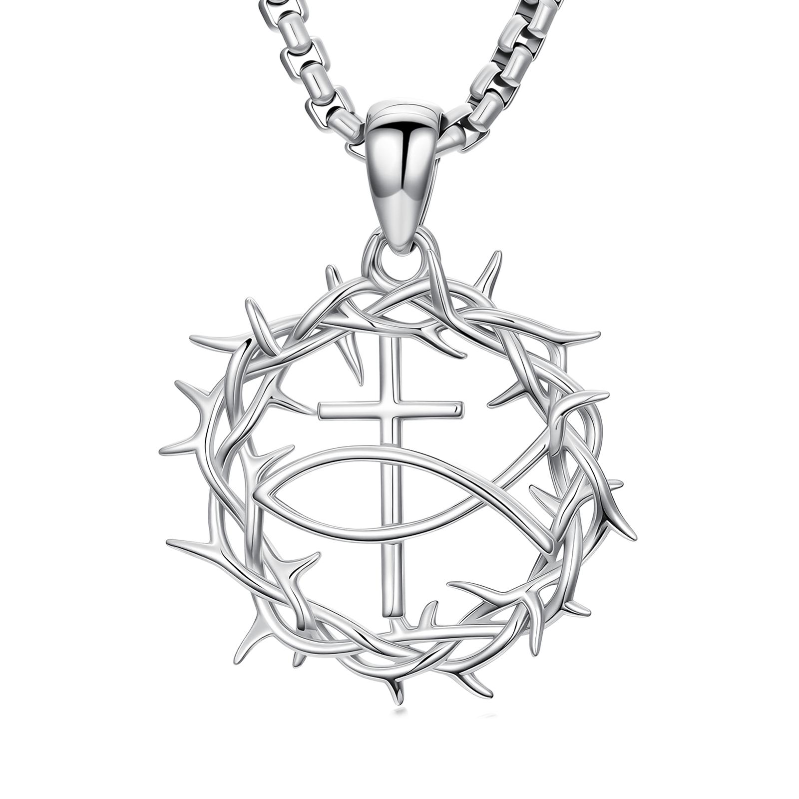 MEIDERBO Dream Chaser Crown of Thorns Necklace for Men 925 Sterling Silver Oxidized Cross Pendant Stainless Steel Chain 22+2 Inch Adjustable Christian Jewelry