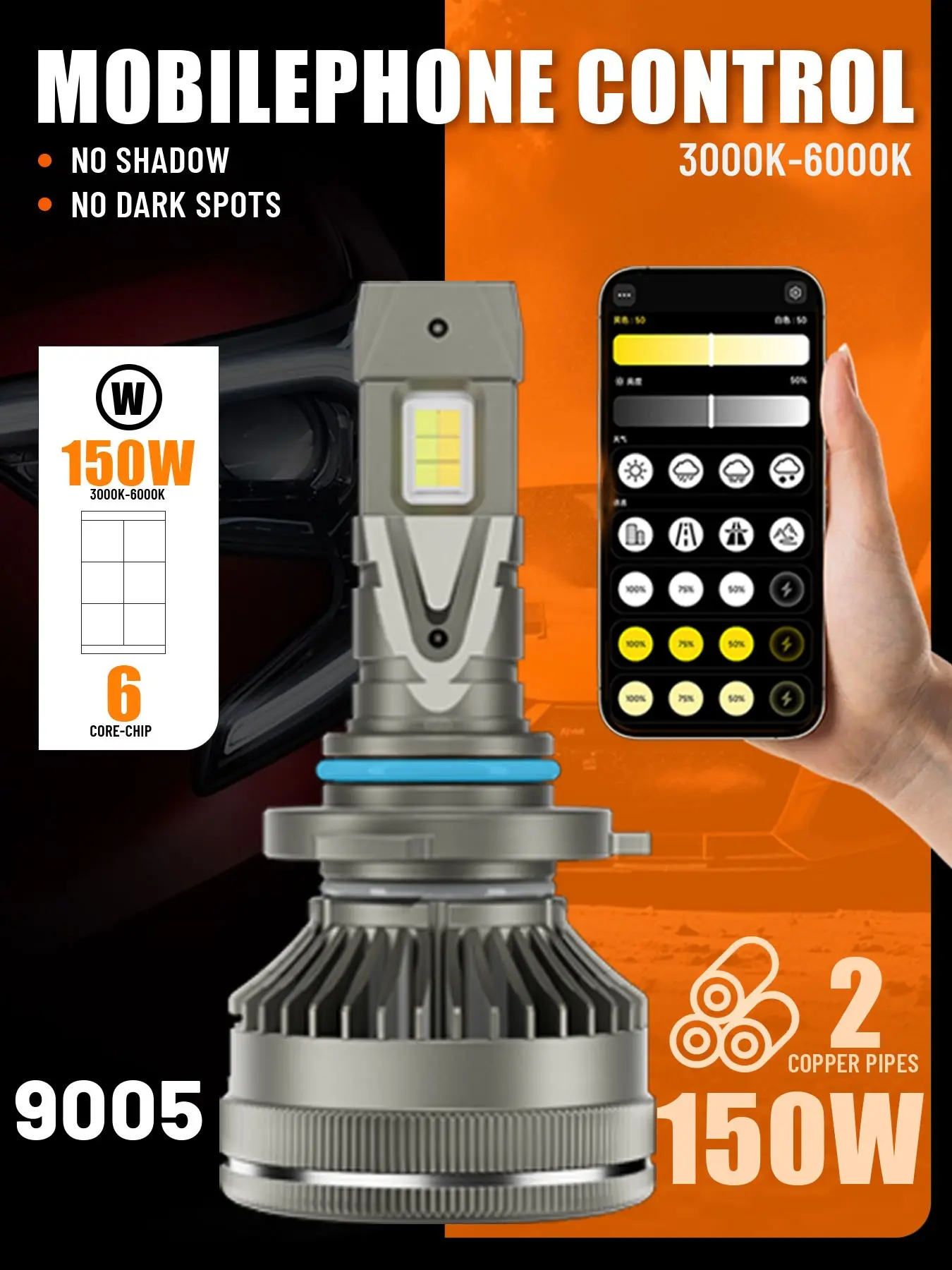 2pcs 150W LED Headlight Bulbs App Control Bluetooth 3000K-6000K 600% Brighter Than Stock Bulb Dual Copper Tube Cooling Canbus Ready Led Headlights Bulbs Automotive Headlight Bulbs For Truck Accessories Led Car Lights Luces Led Para Carro Focos Led
