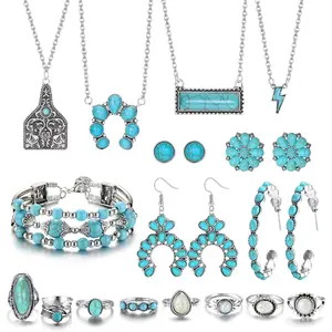 17Pcs Western Turquoise Jewelry Set Boho Layered Necklaces, Dangle Earrings, Stretch Bracelet & Knuckle Rings | Vintage Southwestern Aesthetic | Lucky Gift for Women