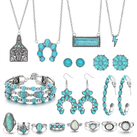 FUNRUN 17Pcs Western Turquoise Jewelry Set Boho Layered Necklaces, Dangle Earrings, Stretch Bracelet & Knuckle Rings | Vintage Southwestern Aesthetic | Lucky Gift for Women