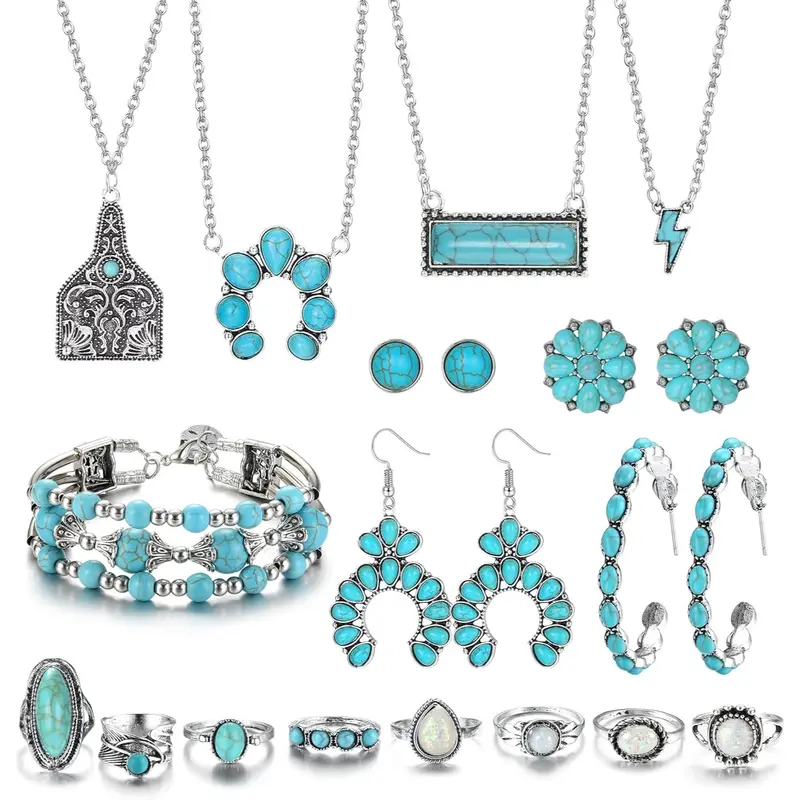 FUNRUN 17Pcs Western Turquoise Jewelry Set Boho Layered Necklaces, Dangle Earrings, Stretch Bracelet & Knuckle Rings | Vintage Southwestern Aesthetic | Lucky Gift for Women