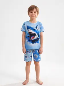 Boys Shark Cartoon Print Short Sleeve Shorts Set, Comfortable Casual Home Wear, Summer Kids Pajamas, Suitable for 3-8 Year Old Children