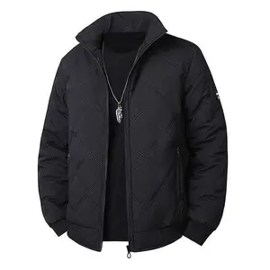 Men's Stylish Black Quilted Jacket - Diamond Pattern, Stand Collar, A Winter Trend & Versatile Piece