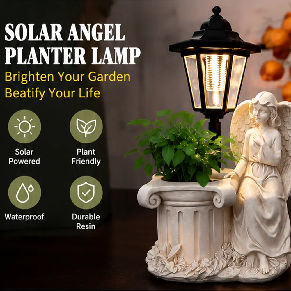 Solar Angel Outdoor Statue, Garden Sculpture with Lantern and Planter, Angel Ornament for Yard, Lawn, Patio, Balcony Decoration — Gift for Women, Moms, Grandmothers