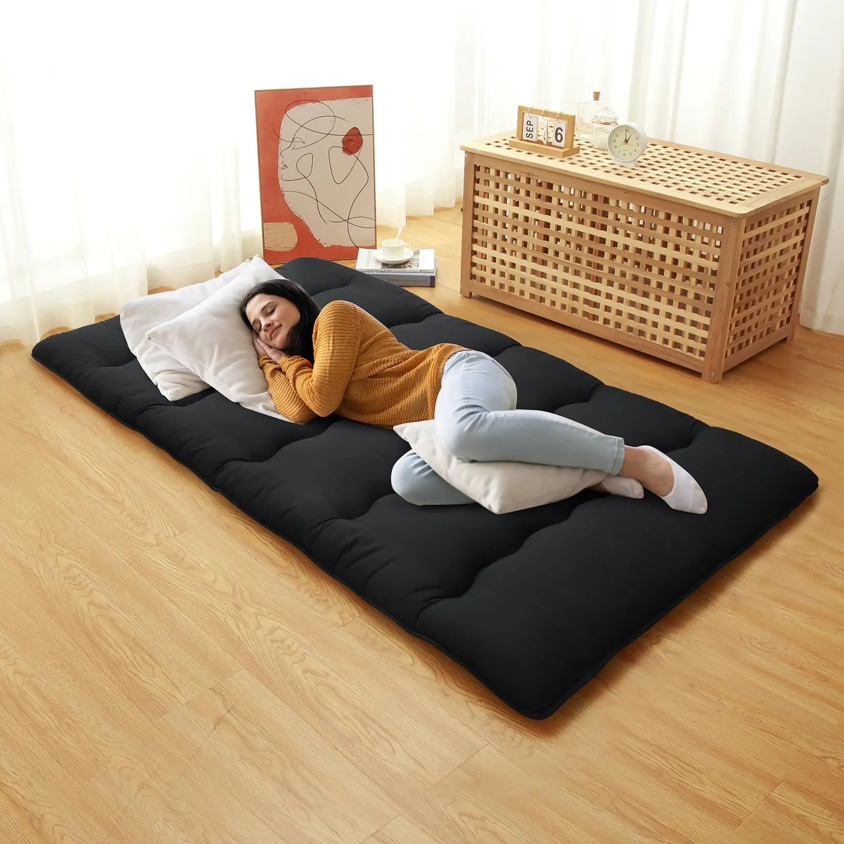 Gaomon Japanese Futon Mattress - Twin XL/Full (60"w x 80"l) Flip-Over Medium-Firm Microfiber Cotton Foam Tatami Mat, Foldable Roll-Up Floor Pad for Kids & Storage, Black