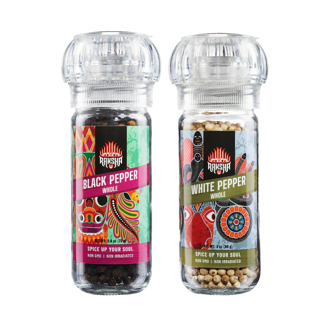 Raksha Whole Black and White Peppercorns for Cooking from Sri Lanka Non-GMO Non-Irradiated Spices