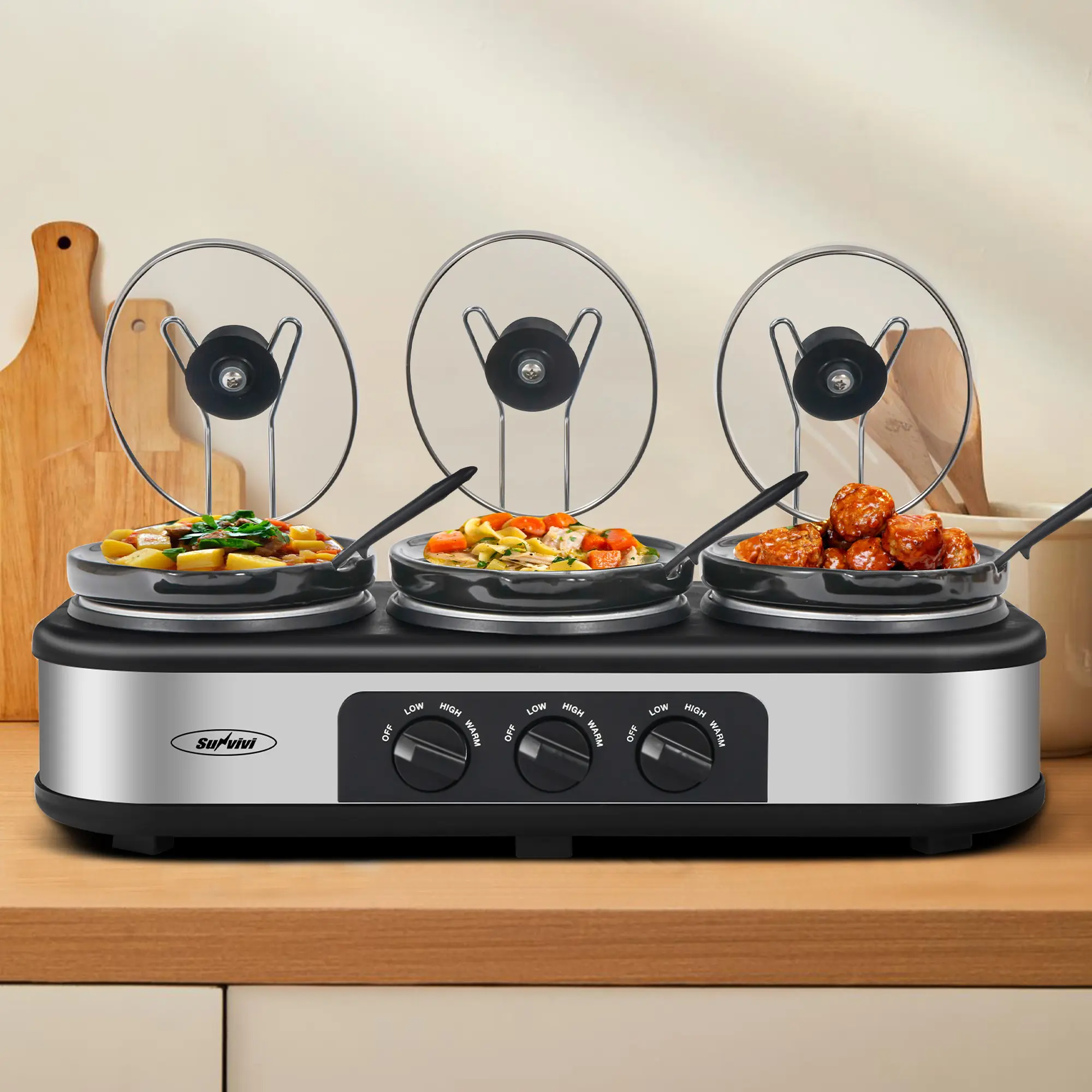 Sunvivi Triple Slow Heating Cooker Buffet Server & Warmer - 3 Pcs Round Stainless Steel Lid Rests, 3x1.5QT Removable Ceramic Pots (Total 4.5QT), 3 Adjustable Temp Settings, New Home Kitchen Electric Essential Appliance，home essential,home essential