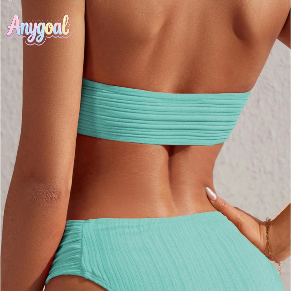 ANYGOAL Women Bandeau High Waisted Bikini Sets Smocked Swimsuit Strapless Two Piece Bathing Suit swimsuits 2026 women tankini swimsuits bathing suits flattering fortummy summer swimwear