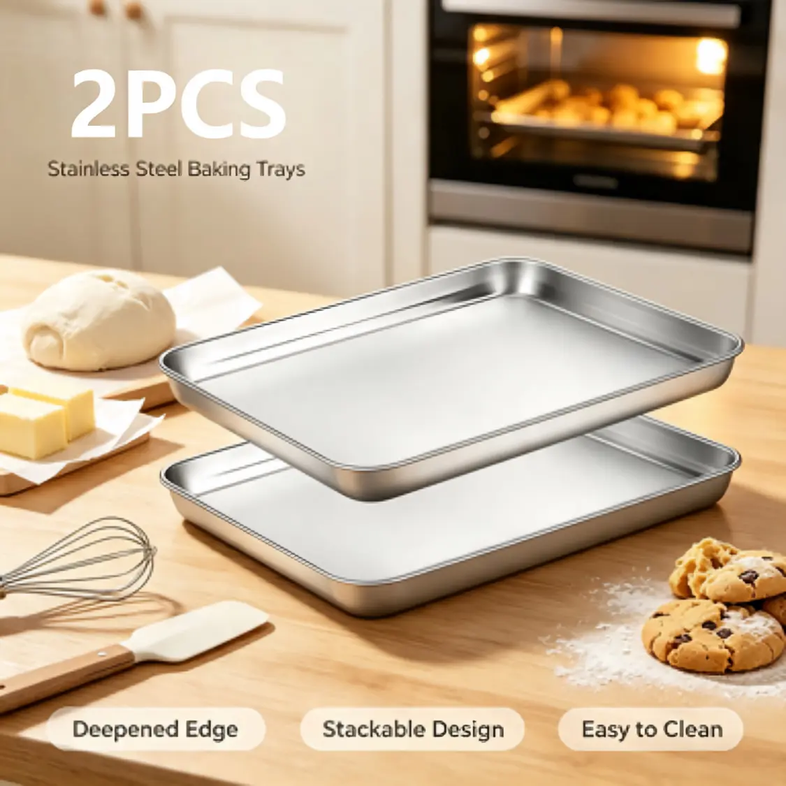 2PCS Stainless Steel Baking Sheet Pan, Rectangle Oven Baking Tray, Durable Cookie Sheet Bakeware for Baking, Roasting, Cooking