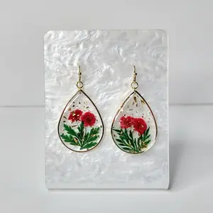 #569 Teardrop Shape Red Dried Flowers with Green Leaves & Golden Flakes Earrings, Casual Jewelry, Spring, Resin