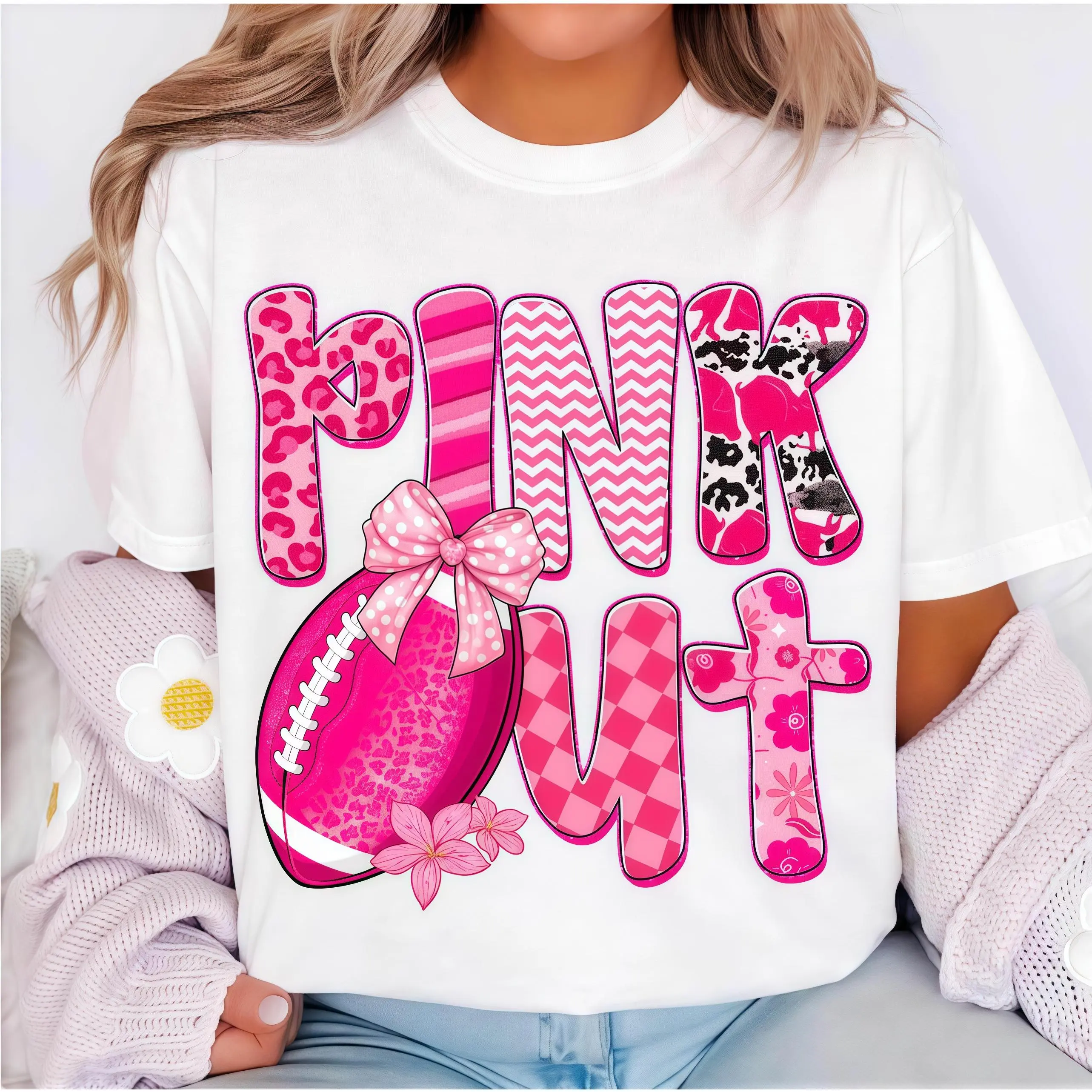 [100% Cotton] Playful Pattern - Fused Tee: "Pink Out" Graphic Shirt With Football And Bow Details T-Shirt For Men And Women