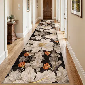 Luxurious Gold Floral Entryway Rug, Decorative Area Rug, Non-Slip Wear-Resistant Washable Long Runner Carpet, Soft Comfortable Hallway Mat