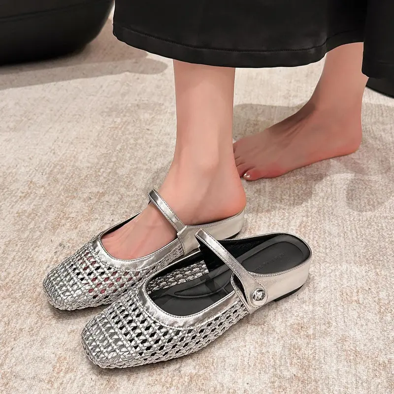 Unique Square Toe Women's Shoes, Casual PU Leather Flat, Slip On Mule, Spring & Fall Fashion, Invisible Heel Lift 4cm, Medium Width