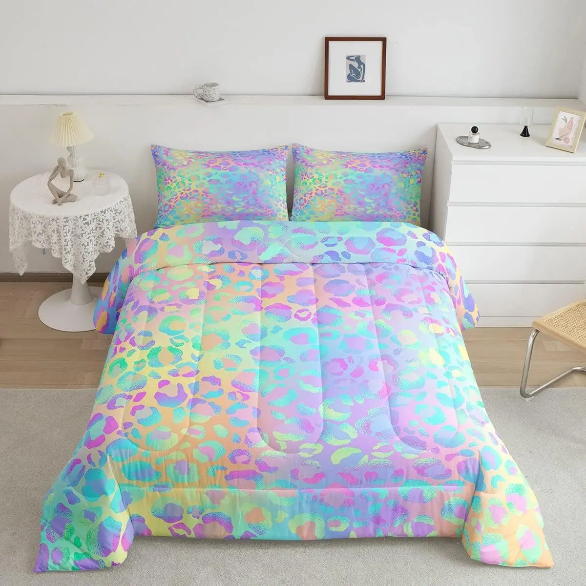Feelyou Women's Leopard Bedroom Bedding Set - Twin/Full Size Cheetah Duvet Cover with Pillowcase, All-Season Modern Colorful Rainbow Animal Print Bed Comforter Set, Bed Sets, Queen Comforter Set