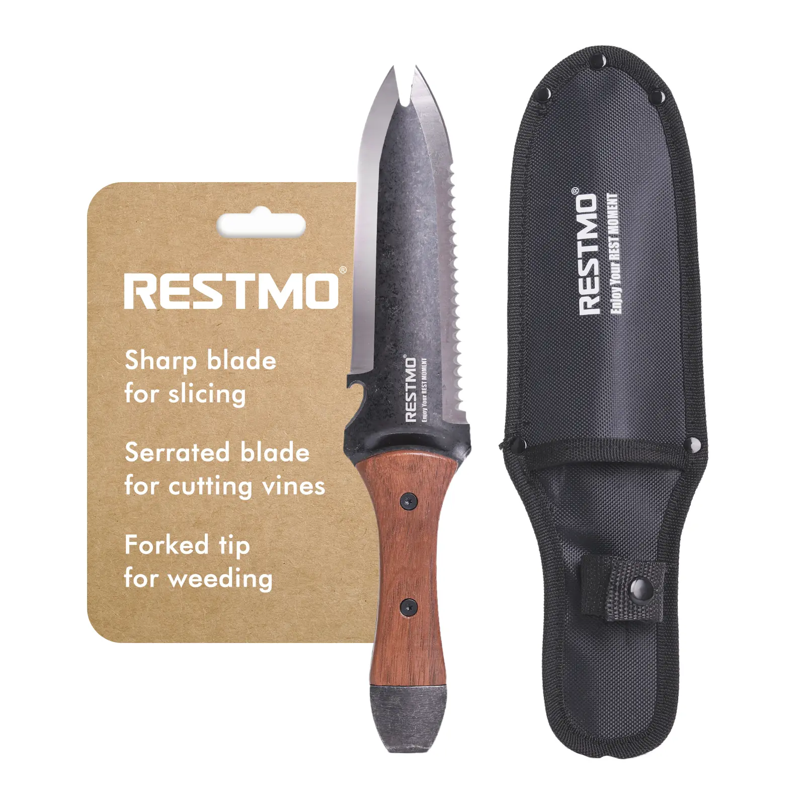 Restmo Professional Hori-Hori Garden Knife - Stainless Steel Full-Tang Vegetable Garden Pruning Knife, Walnut Wood & Metal Handle, Dual-Tip, Depth Gauge, Wavy-Toothed Edge, Nylon Sheath, Bottle Opener, Easy Carry, Tool Upgrade for Roots & Vines