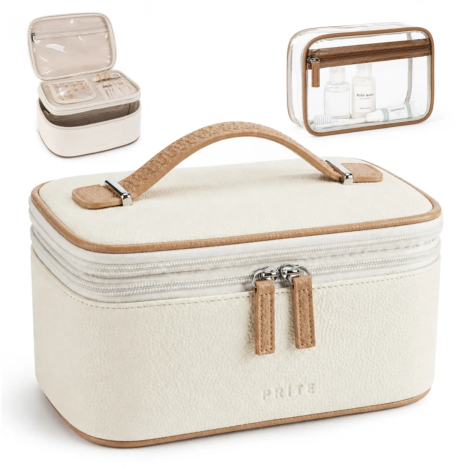 Prite 2 Pcs Makeup Bag Set Travel Cosmetic Case 2-Layer Vegan Leather Jewelry Organizer with Waterproof Clear Toiletry Bag for Women