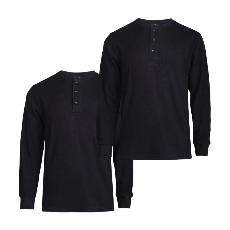 Men's Classic 2-Pack Thermal Henley Tops, Cotton Waffle-Knit Long Sleeve Pullover, Breathable Casual Knitwear for Regular & Big & Tall (S-3XL) - Men's Clothing
