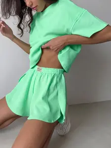 Women's Comfortable 2 Piece Sleepwear Set - Solid Color Short-Sleeved Pajamas with Wide Leg & Side Split Design