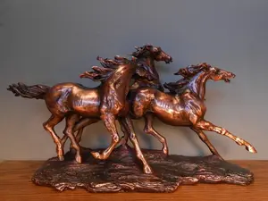 F Three Horses Galloping Bronze Plated Resin Sculpture