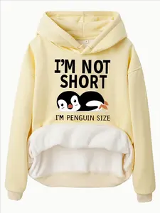 Women's Casual Penguin Print Fleece Hoodie with Front Pocket, Comfortable Winter Pullover, Cartoon Print Sweatshirt, Fall & Winter Fashion