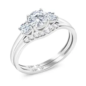 Gem Stone King 3-Stone Bridal Engagement Wedding Ring Set For Women | 10K White Gold Gemstone Birthstone White Created Sapphire and Lab Grown Diamond | Round 5MM and 3MM | Available in Size 5,6,7,8,9
