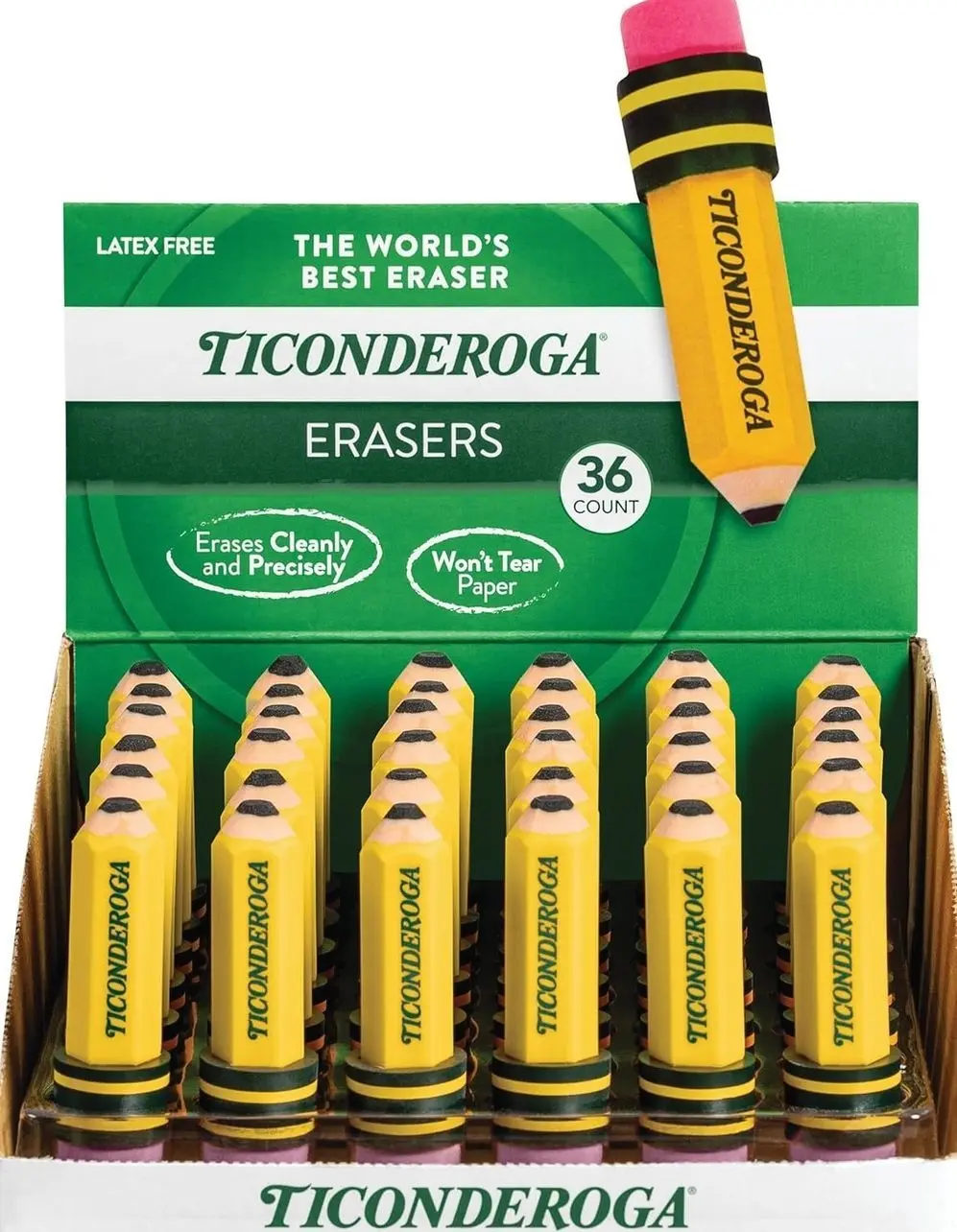 TICONDEROGA Erasers, Pencil Shaped, Yellow, 36-Pack (38936)