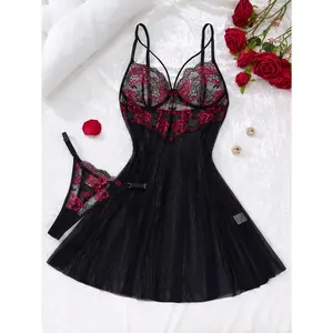 Women's Sleeveless Black & Red Rose Gothic Contrast Lace 2-Piece Crop Top Dress & Sheer Adjustable Skirt Lingerie Set with Thong, Suitable for Streetwear Outerwear