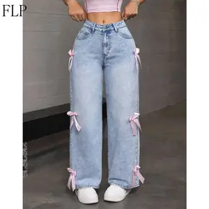Women's Elastic    Women    Pants Bow Washed High Waist 2025 Streetwear Denims Distressed Vintage Straight Ankle Length Trousers Leg Wide Jeans print baggy soft yoga levant cola 100 🇨🇴 relaxed fit