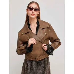 Cider [size 2-26] Faux Leather Collar Solid Pocket Zipper Belted Biker Jacket