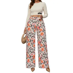 Vogatiques Magic Floral Print Stretchy Wide Leg Jeans Mid Low Waist BBL Fit Y2K Denim Pants