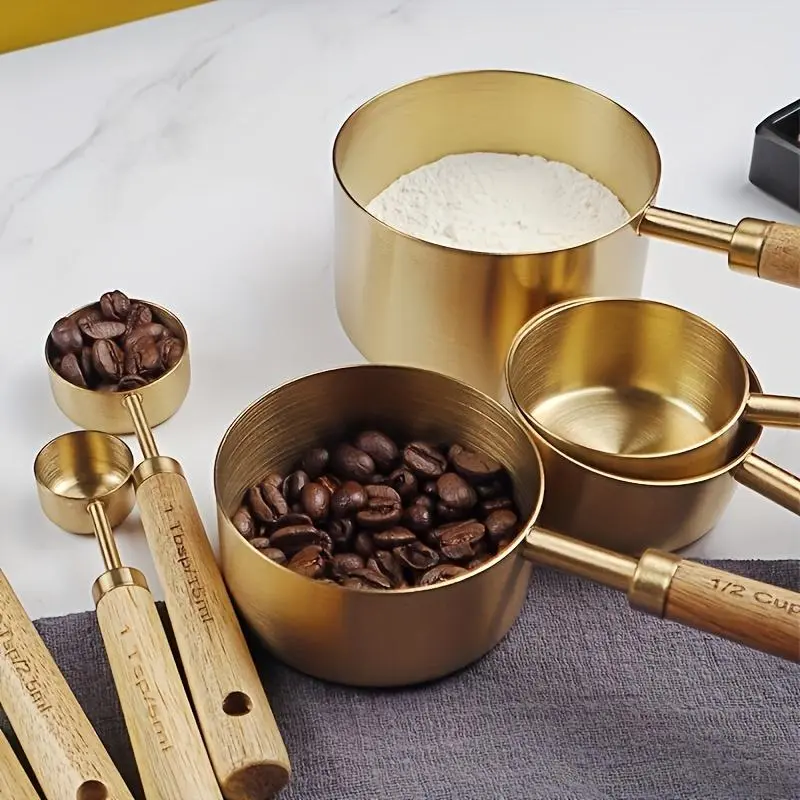 A Set of 4 Stainless Steel Measuring Cups And Spoons, Durable Kitchen Baking Tools, Including Spice Spoons And Coffee Spoons, Designed to Nest for Easy Storage