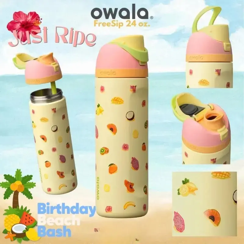 Owala FreeSip 24oz Just Ripe Birthday Beach Bash Water Bottle, Fruit Print Insulated Stainless Steel Leakproof Straw Lid Travel Bottle