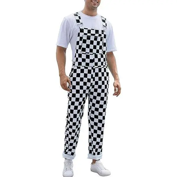 Race Day Men's Overalls, Stretch Denim Coveralls, Workwear with Pockets, Black and White Checkered Jumpsuit with Zipper, Menswear Bibs