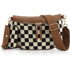 Checkered Crossbody Bag Bum Bags for Women Checkered Purse Plaid Womens Cross Body Purses Checkerboard Fanny Pack Canvas Material 25x7x17.5cm Casual Style Imported